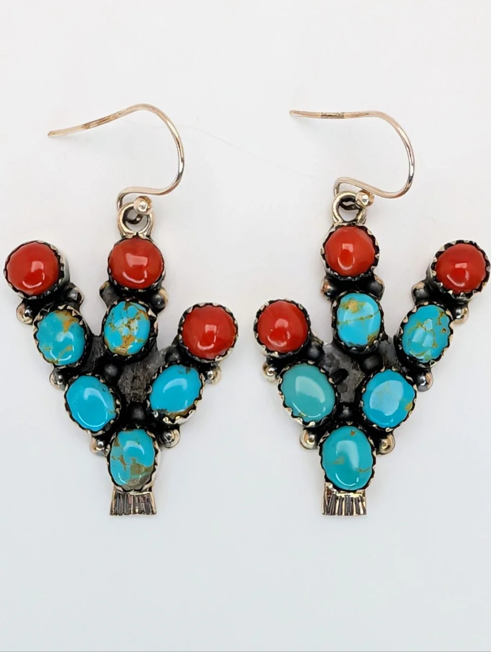 Kingman Turquoise & Coral S925 Sterling Silver Cactus Dangle Earrings